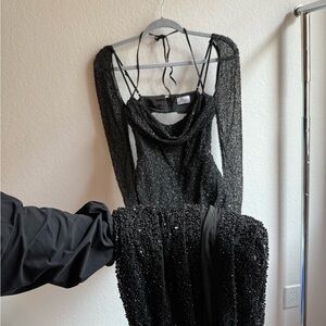 Embellished Cowl Neck Neck Maxi Dress in Black - Size US 4